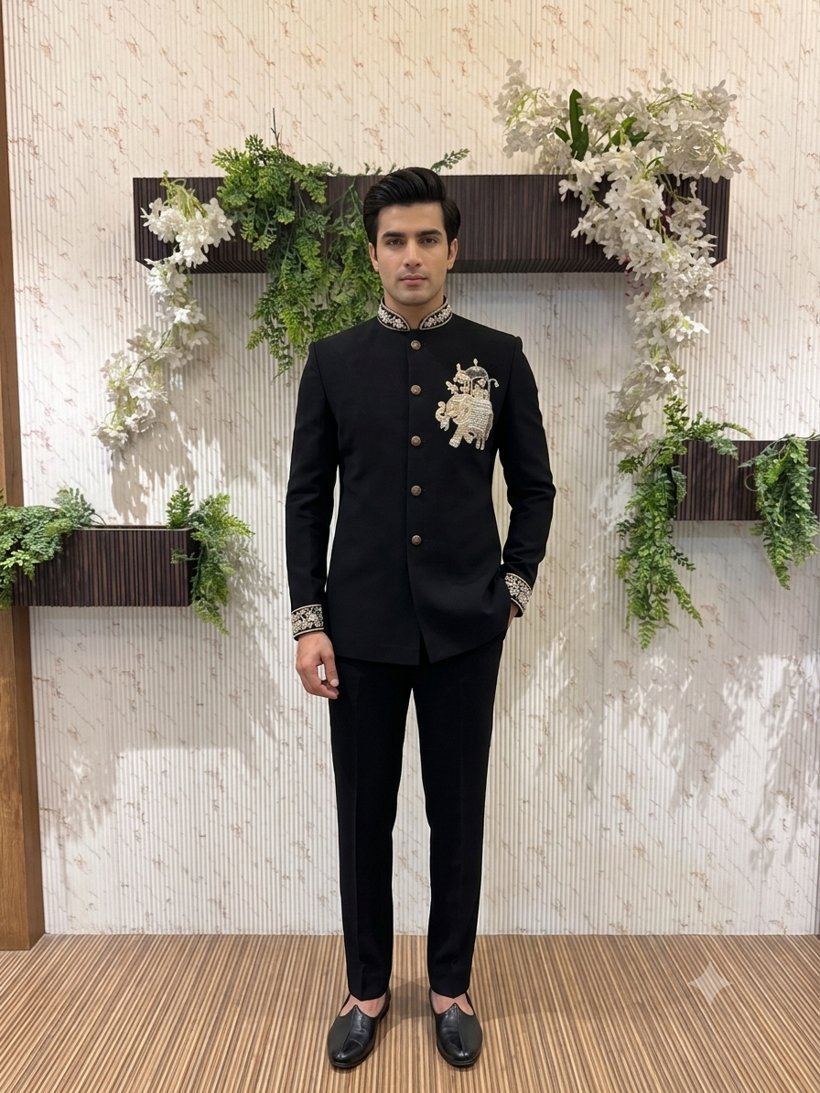 Black jodhpuri with elephant motif — from the LCH range
