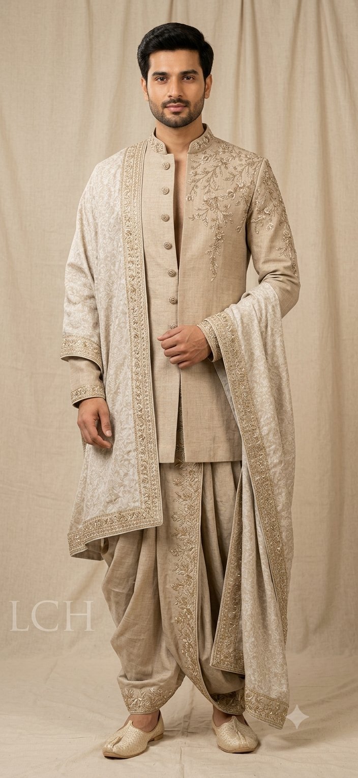 Beige sherwani with dhoti & dupatta — from the LCH range