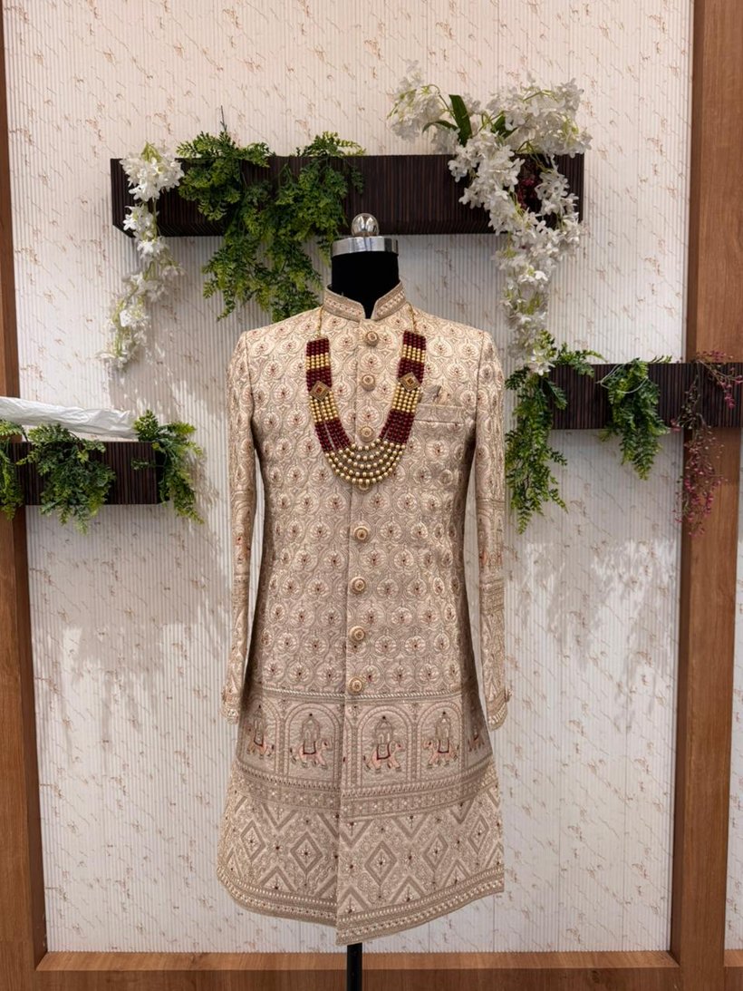 Ivory bridal sherwani with mala — from the LCH range